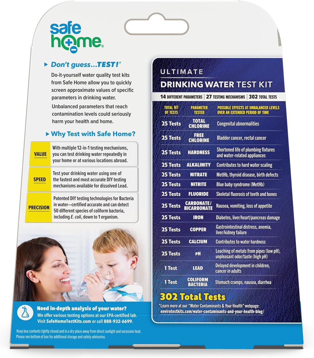 Safe Home® Ultimate DIY Drinking Water Test Kit – Testing for Lead, Bacteria, Hardness, Copper, Fluoride, Iron, Nitrate, pH, & More – City or Well Water – 302 Tests/Kit.