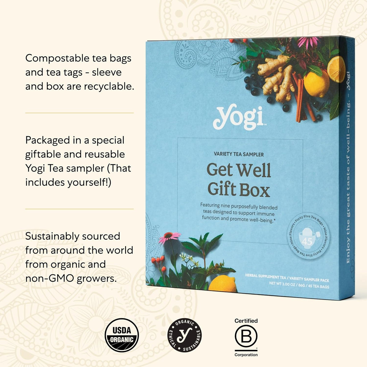 Yogi Get Well Gift Box, 45 Tea Bags (5 Bags per Flavor) | Caffeine-Free Wellness and Immunity Variety Pack with 9 Delicious Herbal Teas, a Thoughtful Tea Gift Set