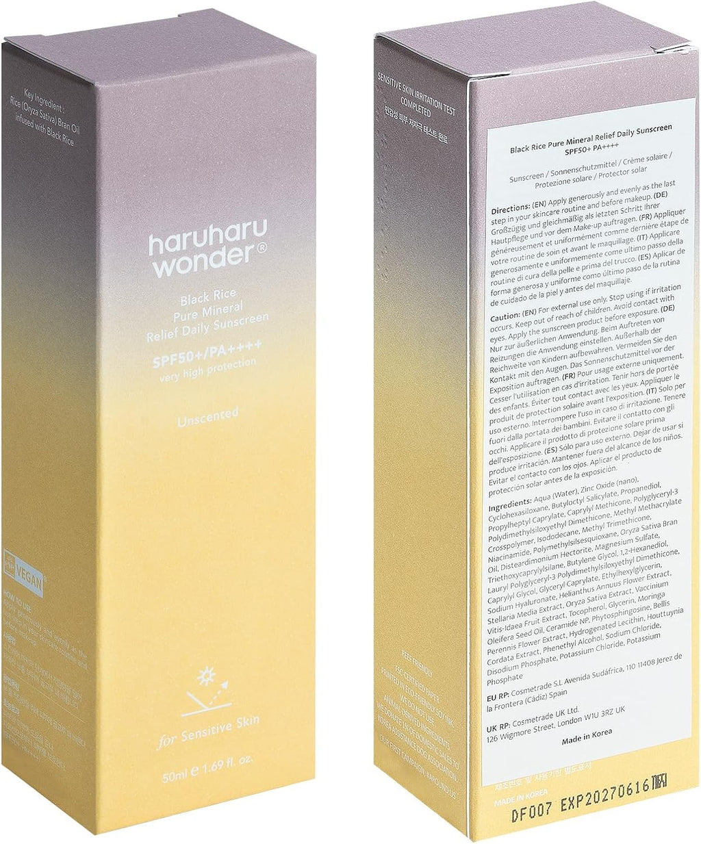 haruharu wonder Black Rice Pure Mineral Relief Daily Sunscreen, SPF50+, Mineral, PA++++, Broad Spectrum, UVA/UVB, Hyaluronic Acid, Niacinamide, 50 ml