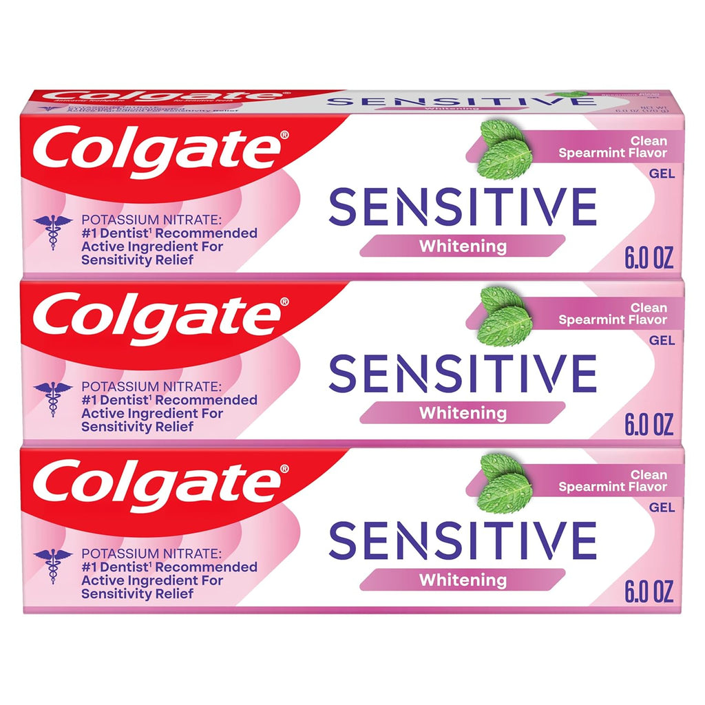 Colgate Whitening Sensitive Toothpaste Gel, Clean Spearmint, 3 Pack, 6 oz | With Potassium Nitrate for Sensitivity Relief, Safely Removes Surface Stains for Whiter Teeth, Promotes Healthy Gums
