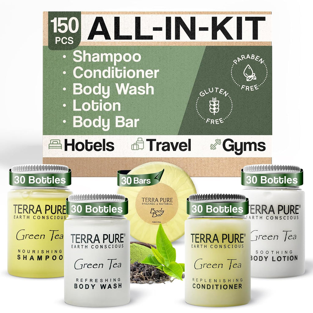 Terra Pure Hotel Toiletries, Shampoo & Conditioner Amenity Set, 150-Piece | Travel Size Guest Amenities, Hospitality Supplies, Hotels, Resorts, hotel room essentials, guest bathroom supplies, motels