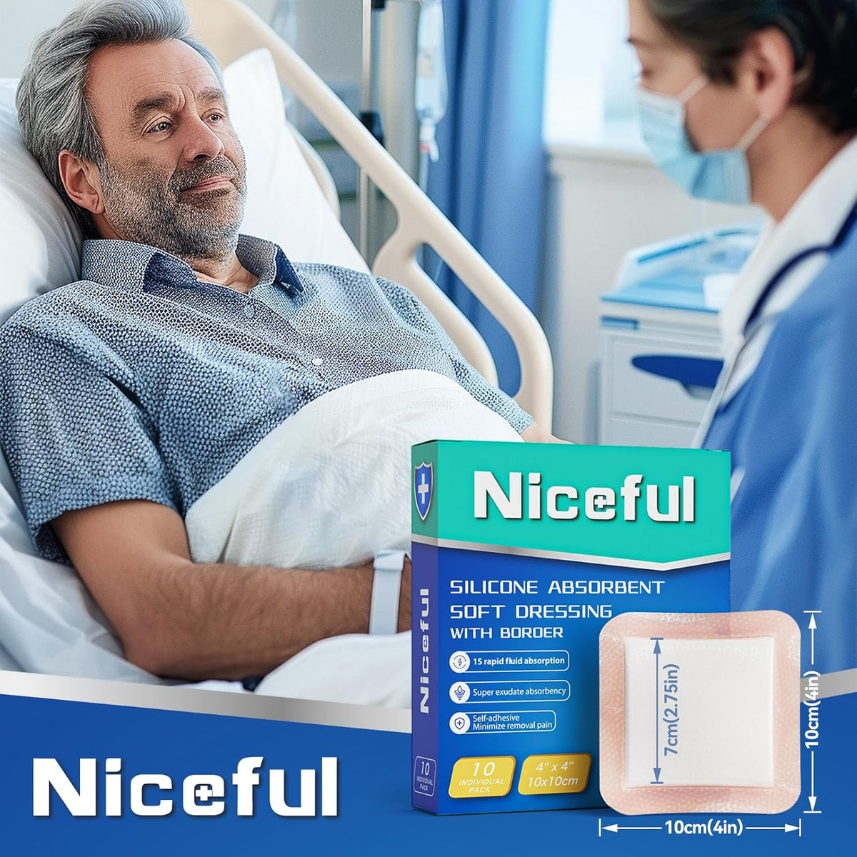 Silicone Super Absorbent Wound Dressing-4"× 4" Self-Adhesive Bandages for Wound Care, FSA HSA Eligible, Ultra Soft Wound Pads for Bed Sores Leg Ulcers Burns, 10