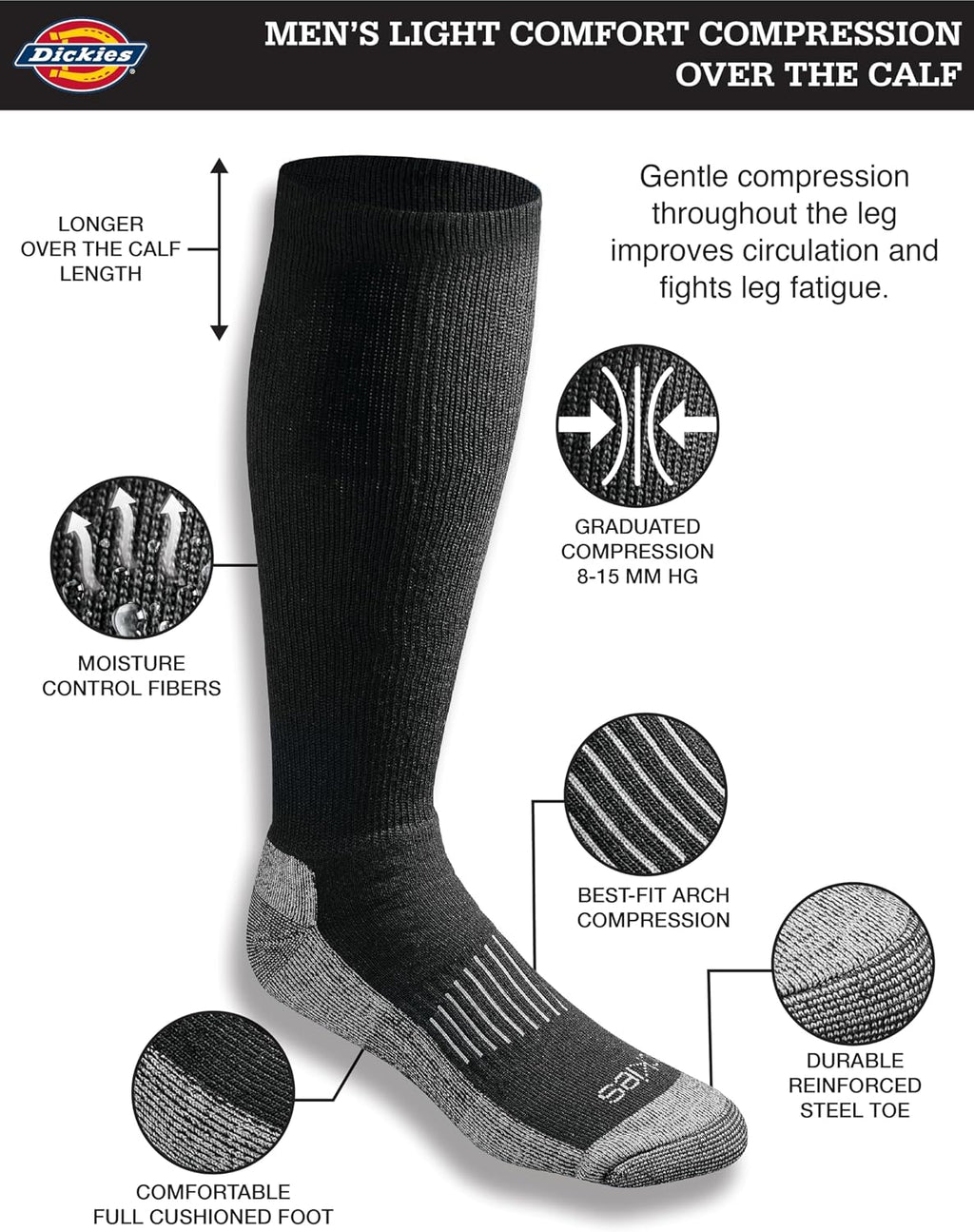 Dickies Men's Light Compression Comfort Over-The-Calf Socks, Available in M-XXL (2, 4 Pairs)