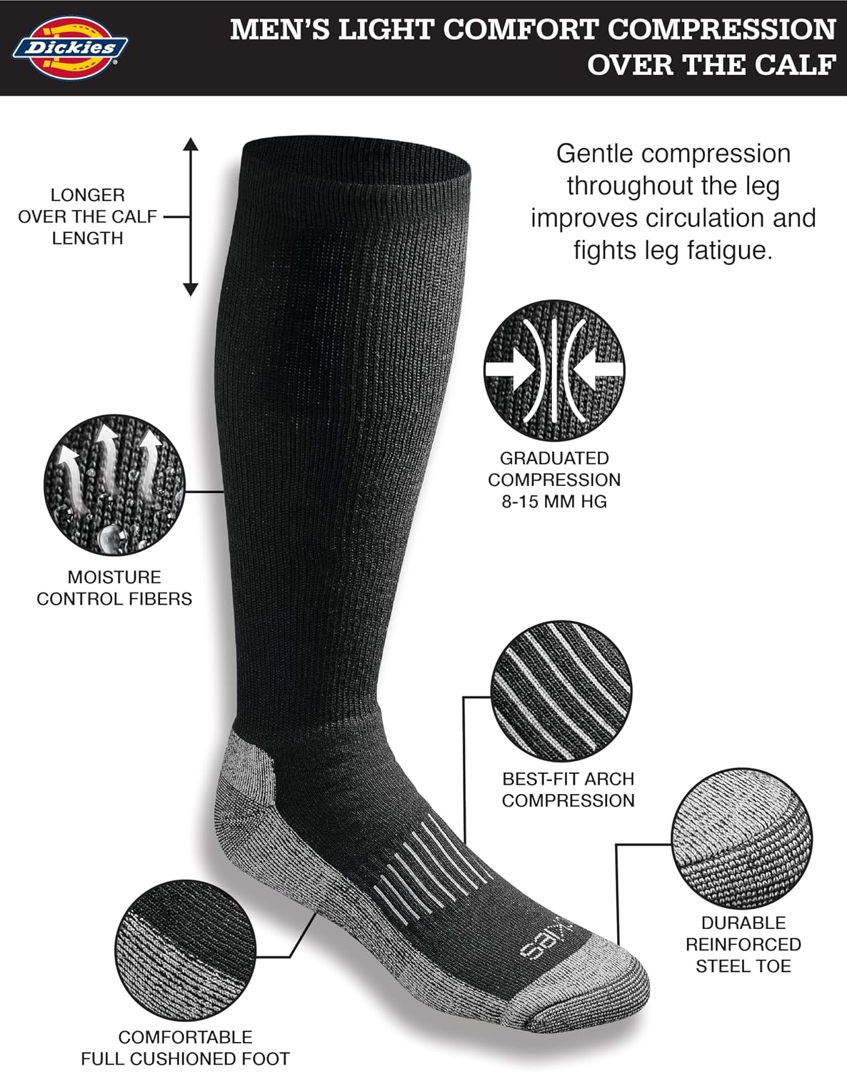 Dickies Men's Light Compression Comfort Over-The-Calf Socks, Available in M-XXL (2, 4 Pairs)
