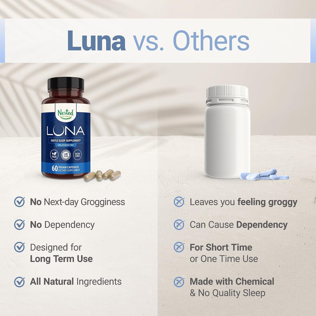 Nested Naturals Luna Melatonin-Free Sleep Supplement - Non-Habit Forming Herbal Sleep Supplement, Adult Bedtime Support, Help Sleeping w/Chamomile, Valerian, L-Theanine - 60 Vegan Capsules