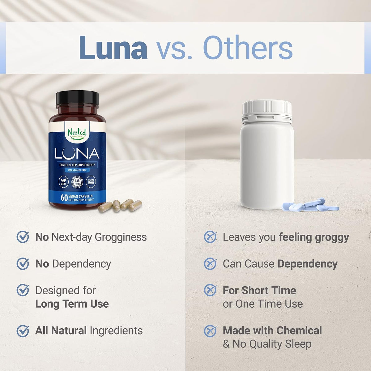 Nested Naturals Luna Melatonin-Free Sleep Supplement - Non-Habit Forming Herbal Sleep Supplement, Adult Bedtime Support, Help Sleeping w/Chamomile, Valerian, L-Theanine - 60 Vegan Capsules