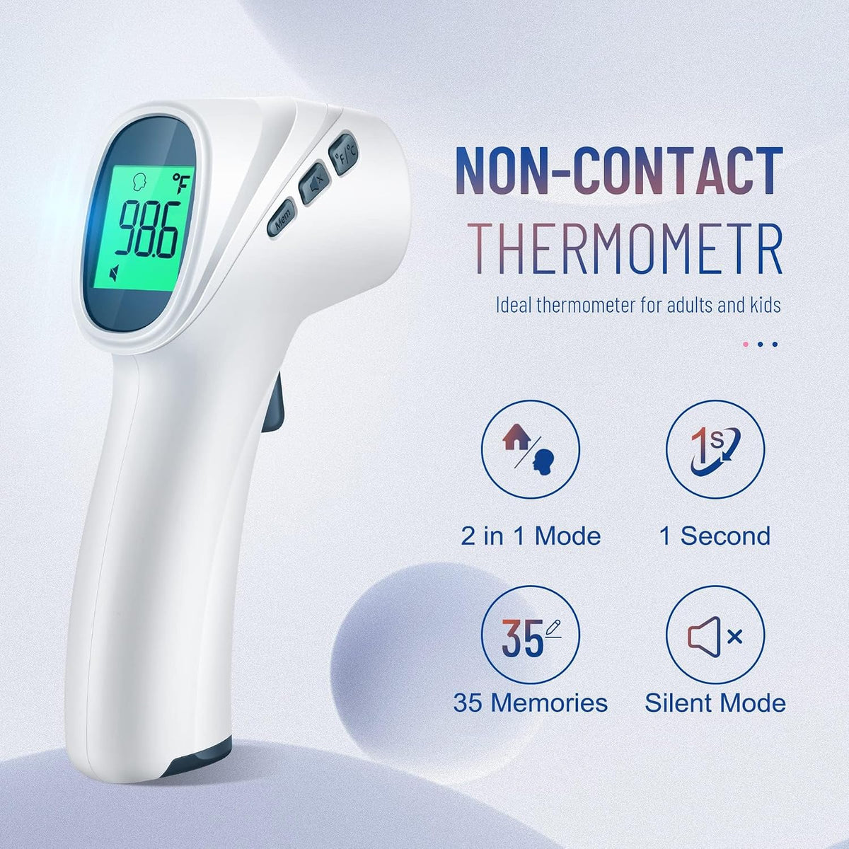 Forehead Thermometer for Adults and Kids, Non Contact, 1s Result (Gray) | 3-Color Fever Alarm, 35 Memory Recalls, 2-in-1 Mode, Silent Mode, Large & Clear Backlit Display, FSA Eligible, Easy to use