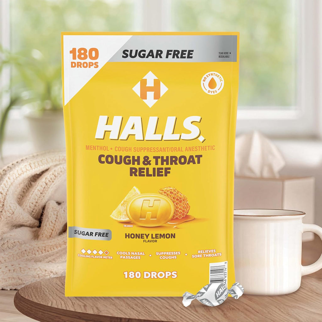 HALLS Cough & Throat Relief Honey Lemon Sugar Free Cough Drops, 180 ct | No Synthetic Dyes, Bulk Pack