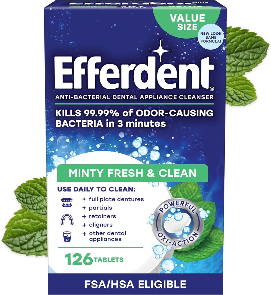 Efferdent Denture Cleaner Tablets, Minty Fresh & Clean, 126 Count | Retainer Cleaner, Use Daily To Clean Dental Appliances, Full Plate Dentures, Aligners & Mouth Guards