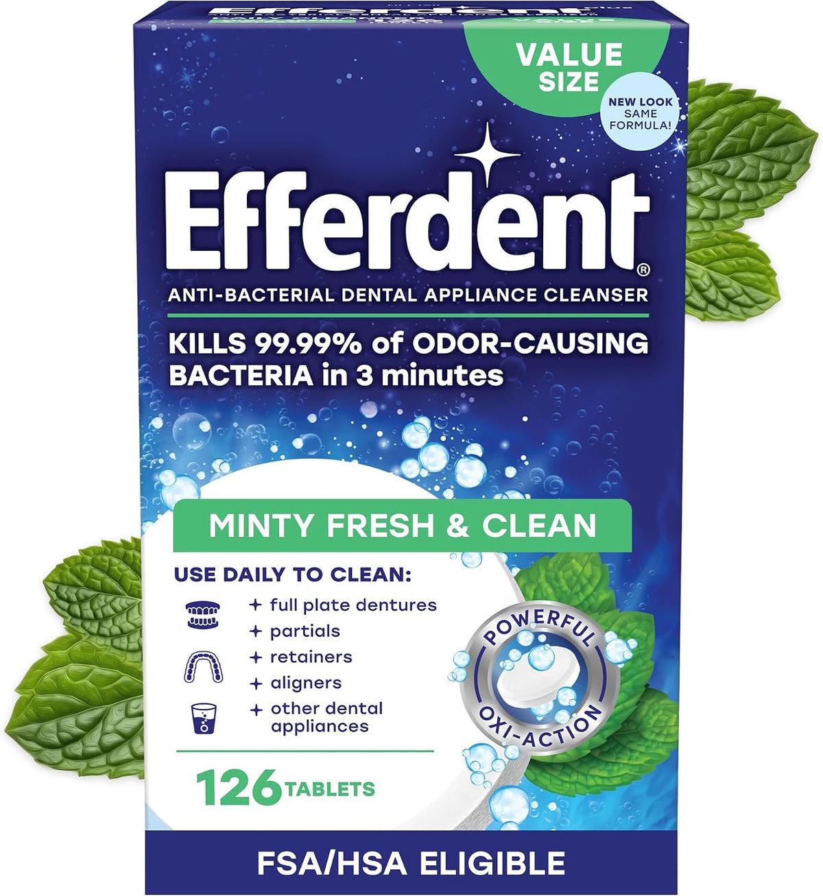 Efferdent Denture Cleaner Tablets, Minty Fresh & Clean, 126 Count | Retainer Cleaner, Use Daily To Clean Dental Appliances, Full Plate Dentures, Aligners & Mouth Guards