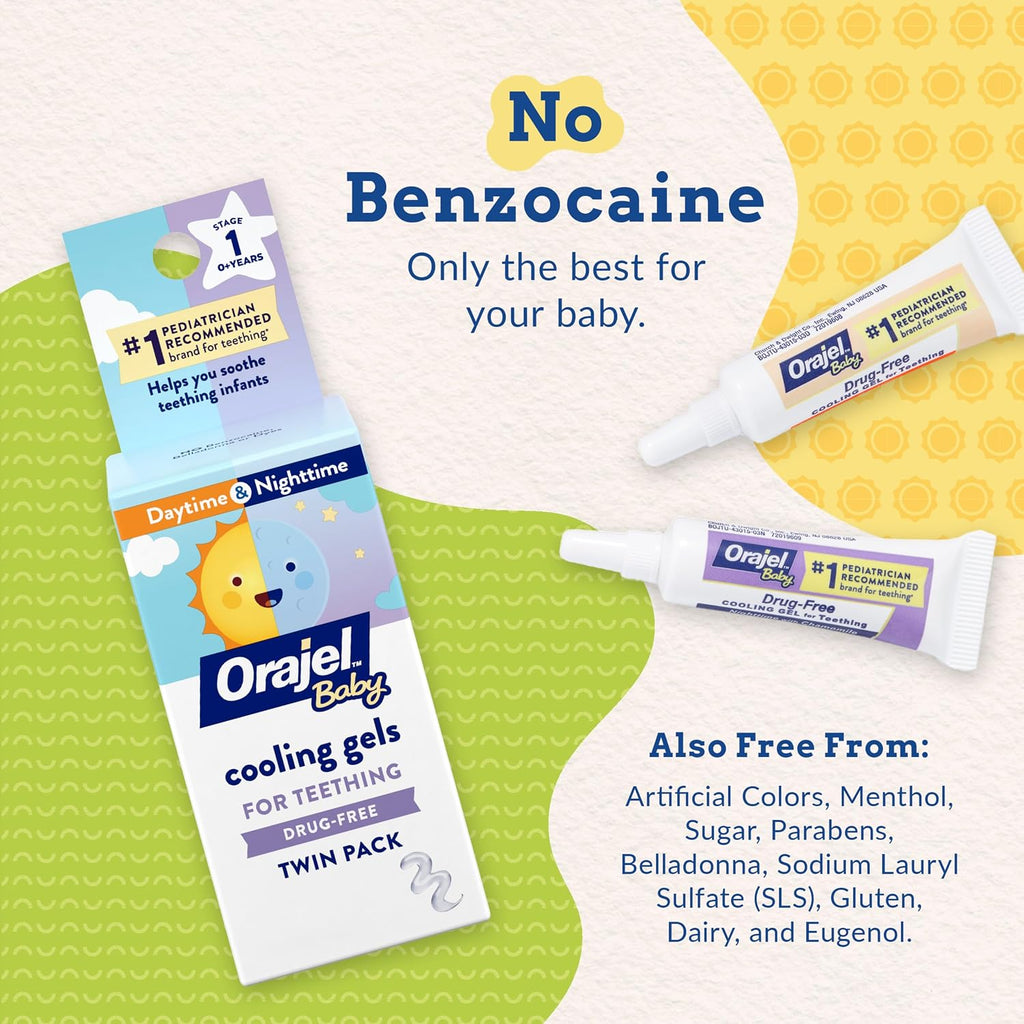 Orajel Baby Daytime & Nighttime Cooling Gels for Teething, Drug - Free, #1 Pediatrician Recommended Brand for Teething*, Two 0.18oz Tubes | Drug-Free, Soothes Teething Infants, Safe for Babies Age 0+, #1 Pediatrician Recommended Brand for Teething