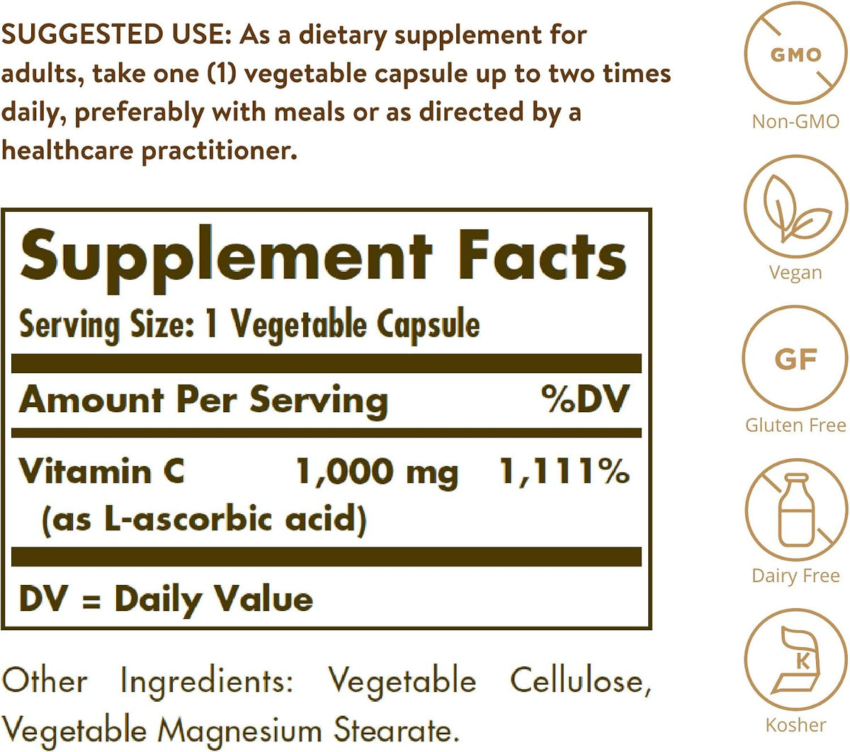 Solgar Vitamin C 1000 mg, 250 Vegetable Capsules, Non-GMO, Gluten Free