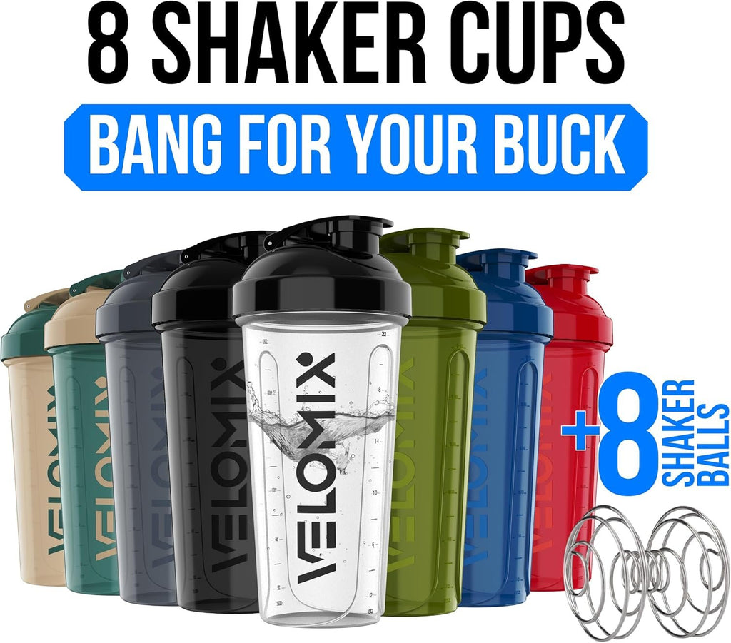 VELOMIX 8 Pack 28oz Protein Shaker Bottle for Protein Mixes, Crystal Clear | 8x Wire Whisk, Leak Proof Shaker Cups for Protein Shakes, Stackable, Multipack Value Set for Home, Gym, Office and Car