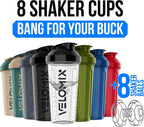 VELOMIX 8 Pack 28oz Protein Shaker Bottle for Protein Mixes, Crystal Clear | 8x Wire Whisk, Leak Proof Shaker Cups for Protein Shakes, Stackable, Multipack Value Set for Home, Gym, Office and Car
