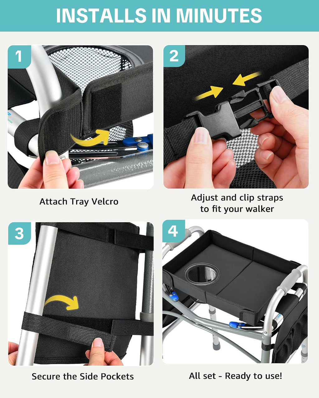 Walker Tray for Folding Walker, Side Pockets & Cup Holder | Fits 17–19" Folding Walkers with Side Bars, Easy Install, Adjustable Straps, Spill-Resistant Surface, Lightweight for Seniors