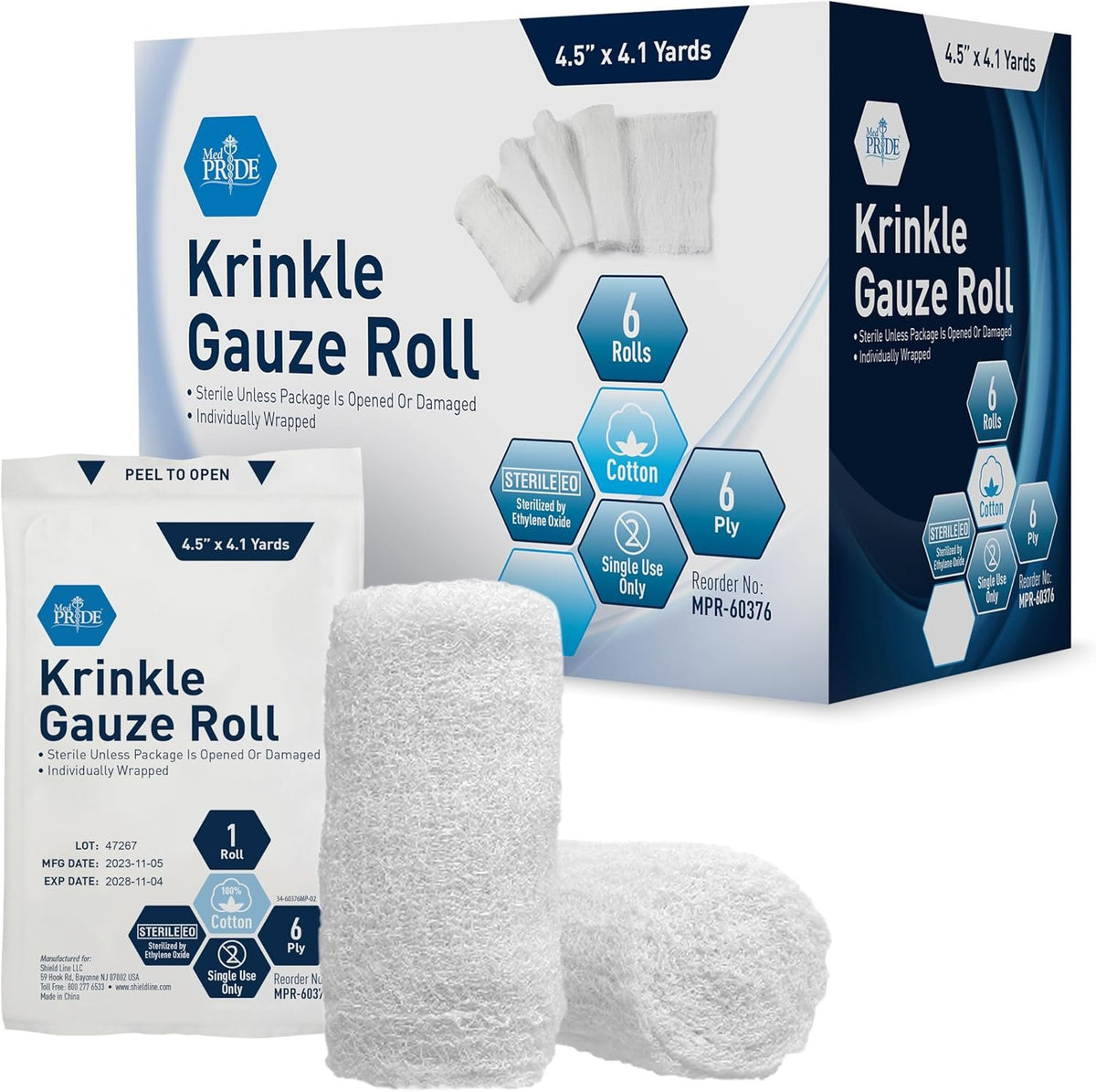 MED PRIDE Sterile Krinkle Gauze Rolls,6-Ply Cotton,4.5 in x 4.1 yd,6-Pack