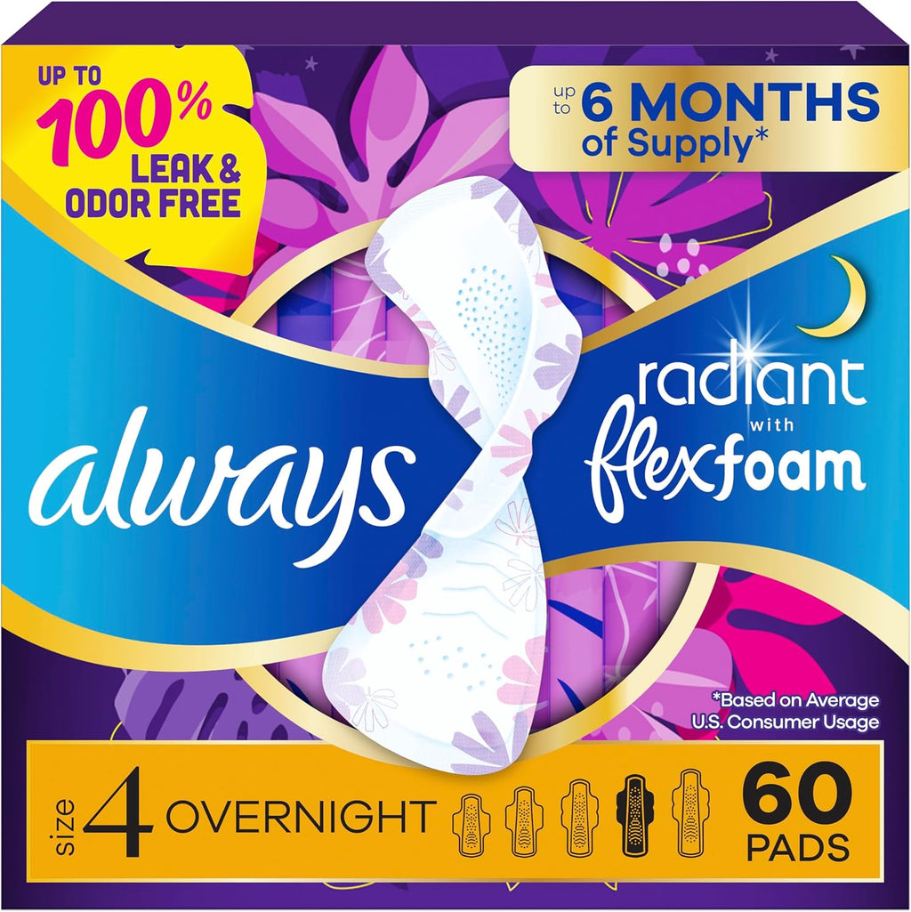 Always Radiant Feminine Pads for Women, Flexfoam Pads with Wings, Size 4, Overnight Absorbency, Lightly Scented, 60 Count (3 Packs of 20)