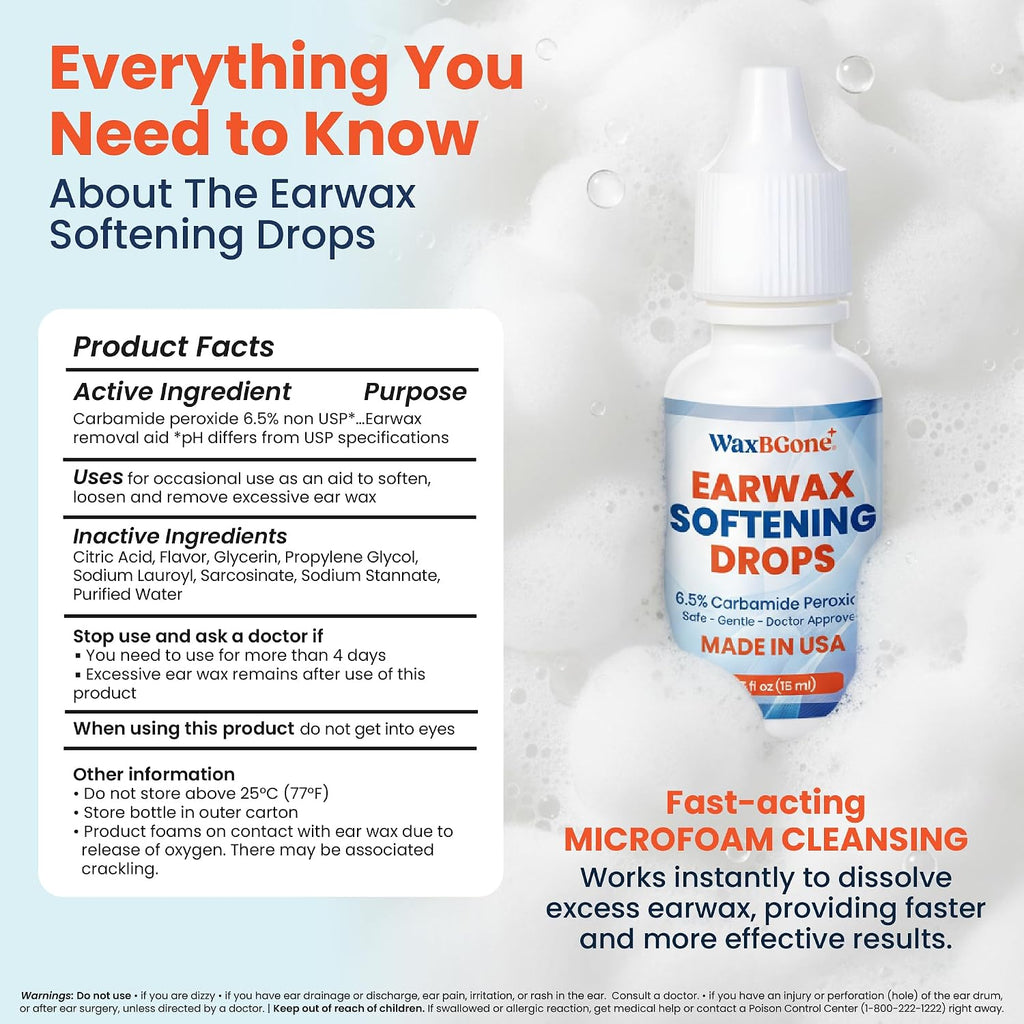 Earwax Removal Drops for Clogged Ears, Adults & Infants, 0.5 fl oz | Gentle formula softens and dissolves earwax in blocked ears; non-irritating for adults, kids and infants, 15 ml