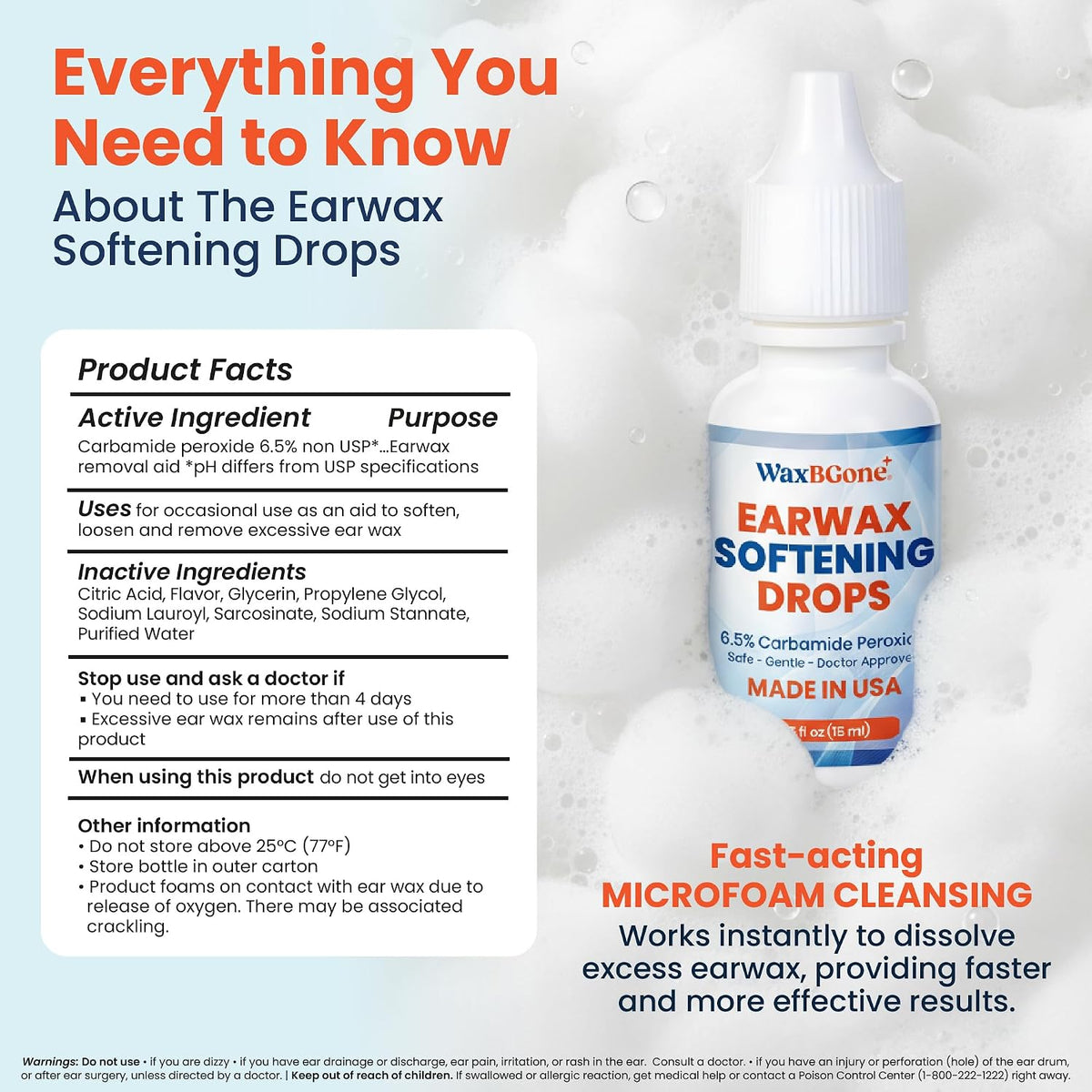 Earwax Removal Drops for Clogged Ears, Adults & Infants, 0.5 fl oz | Gentle formula softens and dissolves earwax in blocked ears; non-irritating for adults, kids and infants, 15 ml