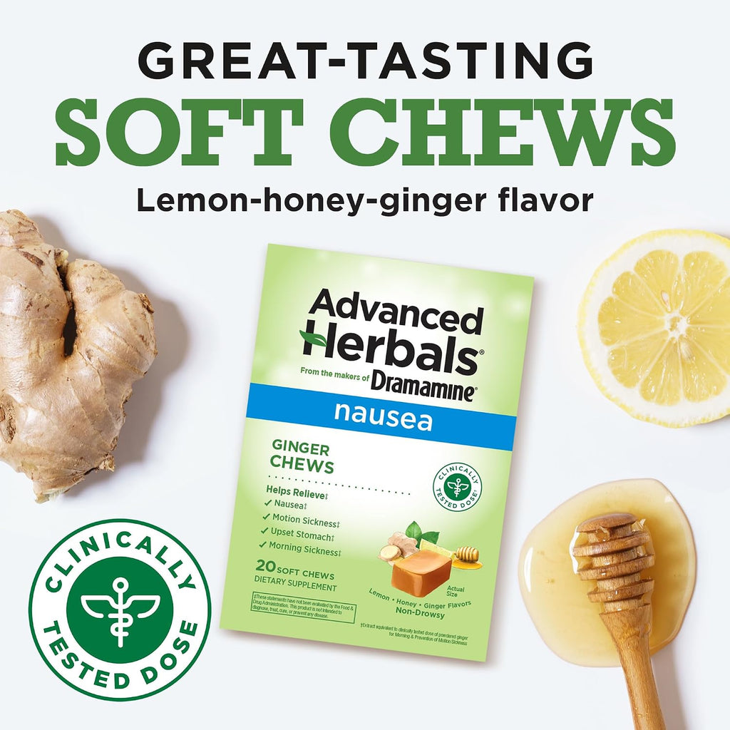 Dramamine Advanced Herbals Ginger Chews, Nausea Relief, Lemon-Honey, 20ct | From the Makers of Dramamine, Non-Drowsy, Morning Sickness Relief & Motion Sickness Relief During Travel, Soft Chews