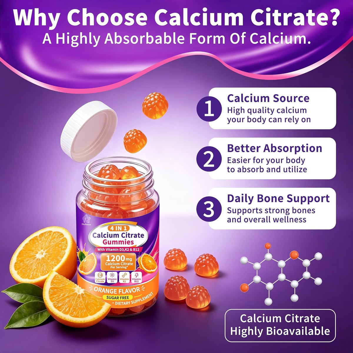 2 Packs Calcium Citrate Gummies 1200mg with Vitamin D3 K2 B12, 4-in-1 High Absorption Calcium Supplement for Women Men, Bone Teeth Muscle Support, Calcium Gummies for Adults,Sugar Free,Orange Flavor