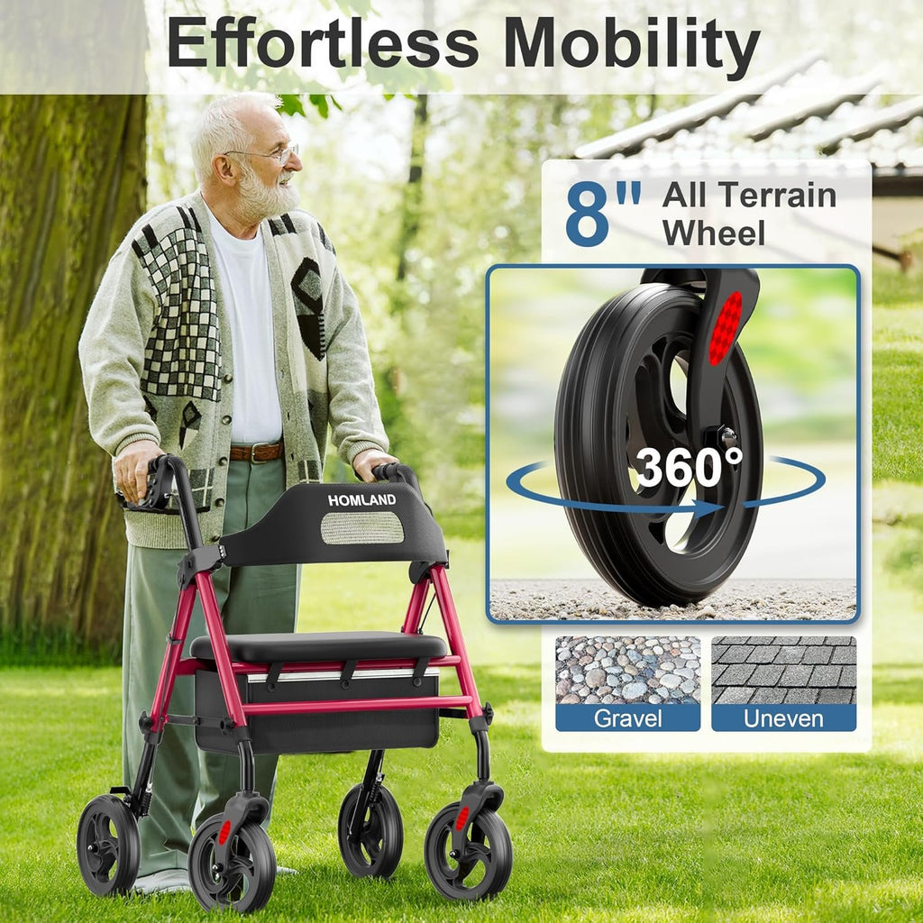 HOMLAND Foldable Rollator Walkers for Seniors with Seat, 16" Enlarged Seat | 350 lb Sturdy Frame, 16"×12" Seat 1.9" Thick, 8" Big Wheels, Adjustable Height, Tool-Free Assembly, All Terrain Mobility Aid