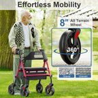HOMLAND Foldable Rollator Walkers for Seniors with Seat, 16" Enlarged Seat | 350 lb Sturdy Frame, 16"×12" Seat 1.9" Thick, 8" Big Wheels, Adjustable Height, Tool-Free Assembly, All Terrain Mobility Aid