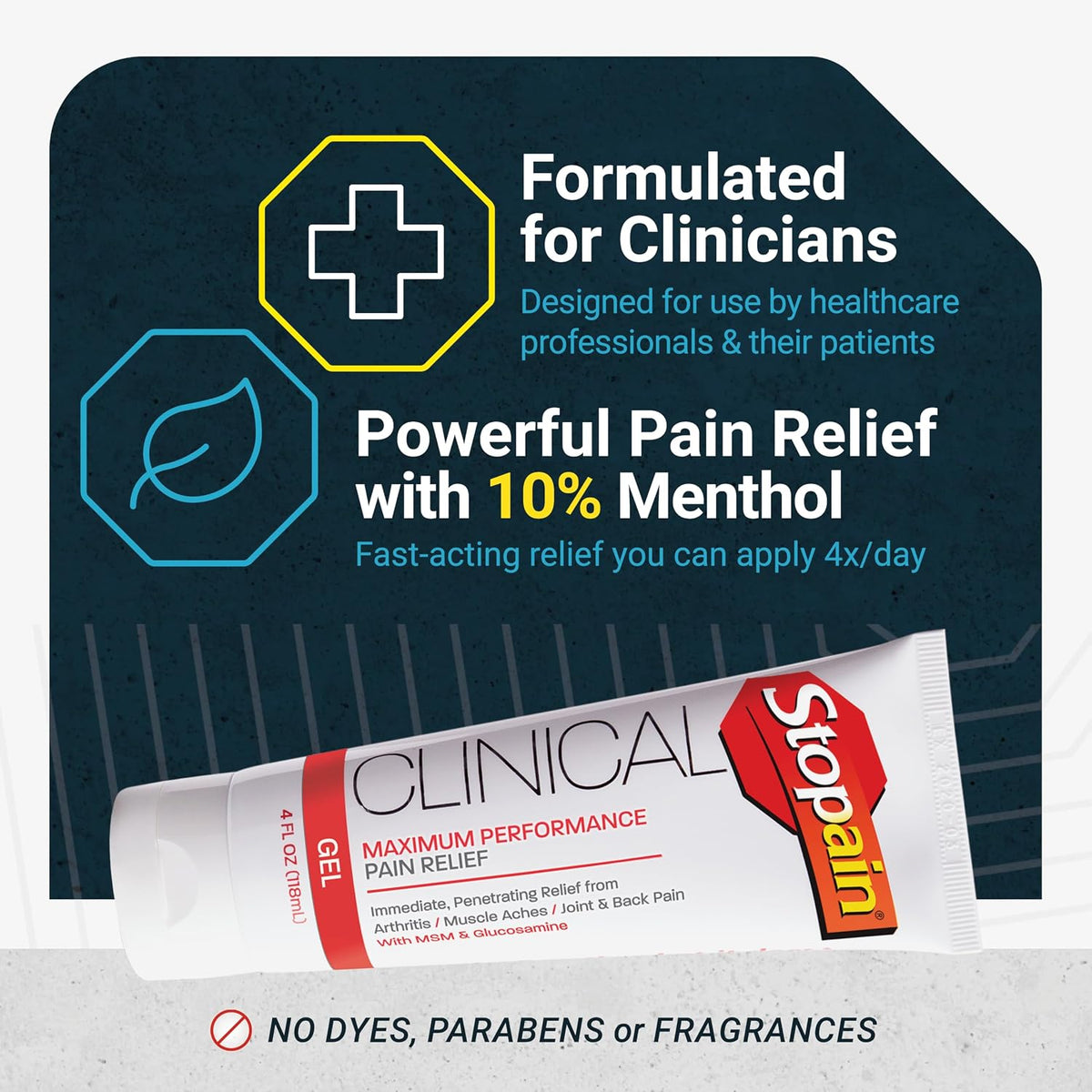 Stopain Clinical 10% Menthol Pain Relief Gel (4 oz Tube), Professional Strength Topical Analgesic for Back, Knee, Joint and Arthritis Pain Relief, Made in USA