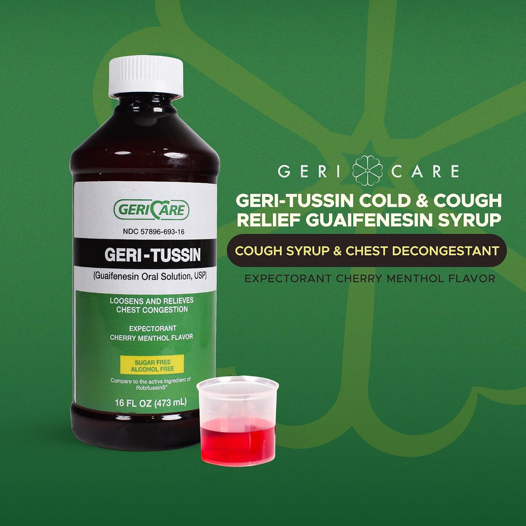 GeriCare Geri-Tussin Guaifenesin Oral Liquid Solution, Sugar-Free, Alcohol-Free Cough and Cold Relief Syrup, Helps Clear Chest Congestion, 16 Ounce Bottle (Pack of 1)