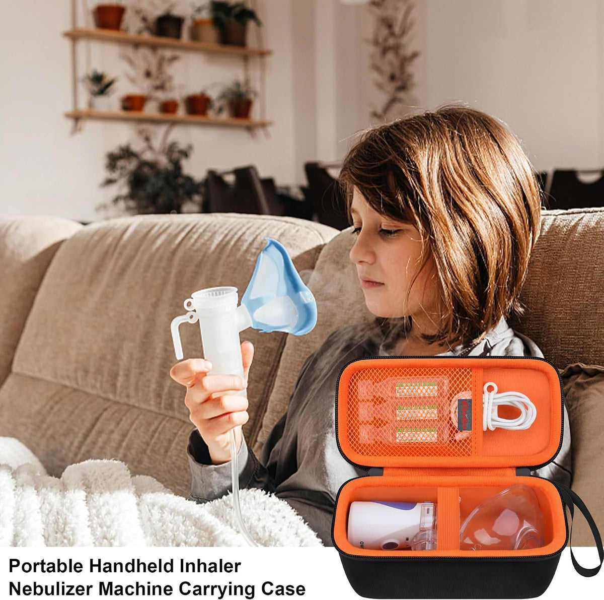 Elonbo Carrying Case Compatible with Portable Handheld Inhaler Nebulizer Machine, Asthma Inhaler/Handheld Atomizer Machine Hard Travel Bag, Mesh Pocket Fits Charging Cable, Black+inside Orange
