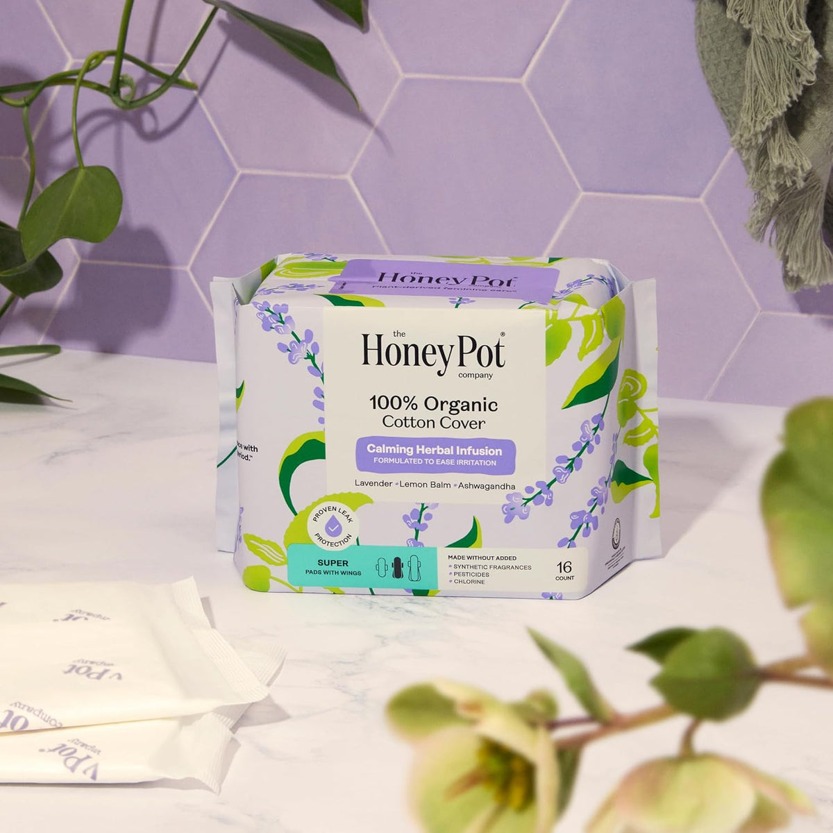 Honey Pot - Calming Herbal Super Sanitary Pads for Women - 100% Organic Cotton Top Sheet - Feminine Care - Non Cooling - Calming Herbs of Lavender, Ashwagandha, & Lemon Balm - 16ct