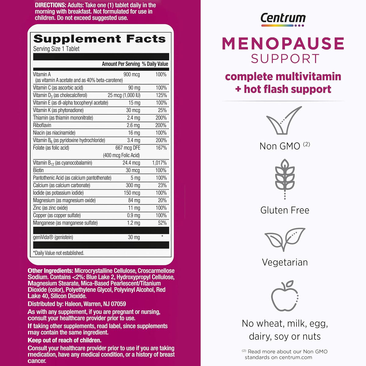 Centrum Complete Multivitamin Supplement, 30 Count | Hot Flash Support Menopause Support Tablets, with Clinically Studied geniVida, Gluten Free, Non-GMO Ingredients