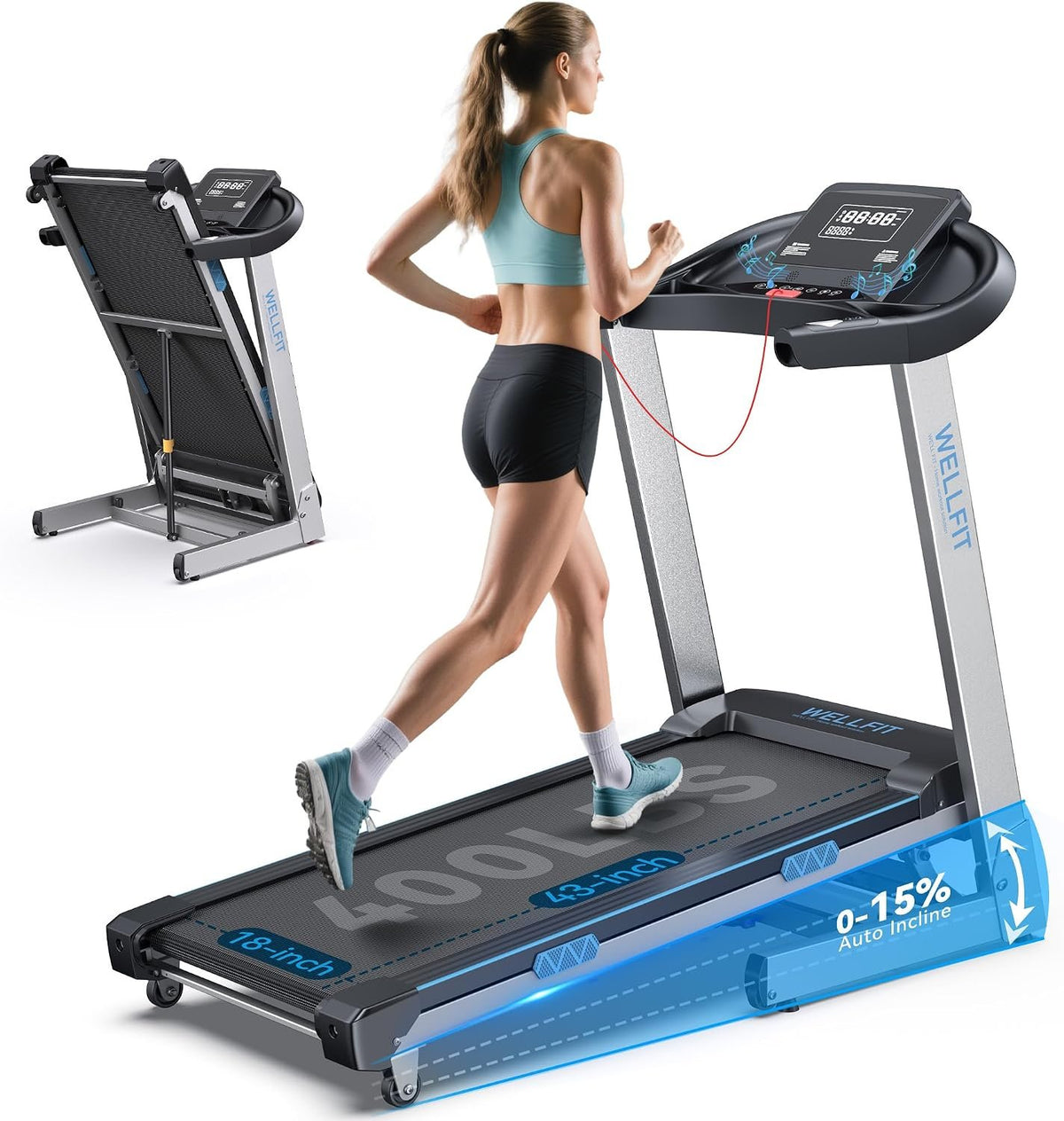 15% Auto Incline Foldable Treadmill, Heavy Duty Treadmills for Home | 400lbs Capacity, Voice Control, Bluetooth, Heart Rate Sensors,4.0HP Motor,Folding Running & Walking Pad for Seniors,Home Gym