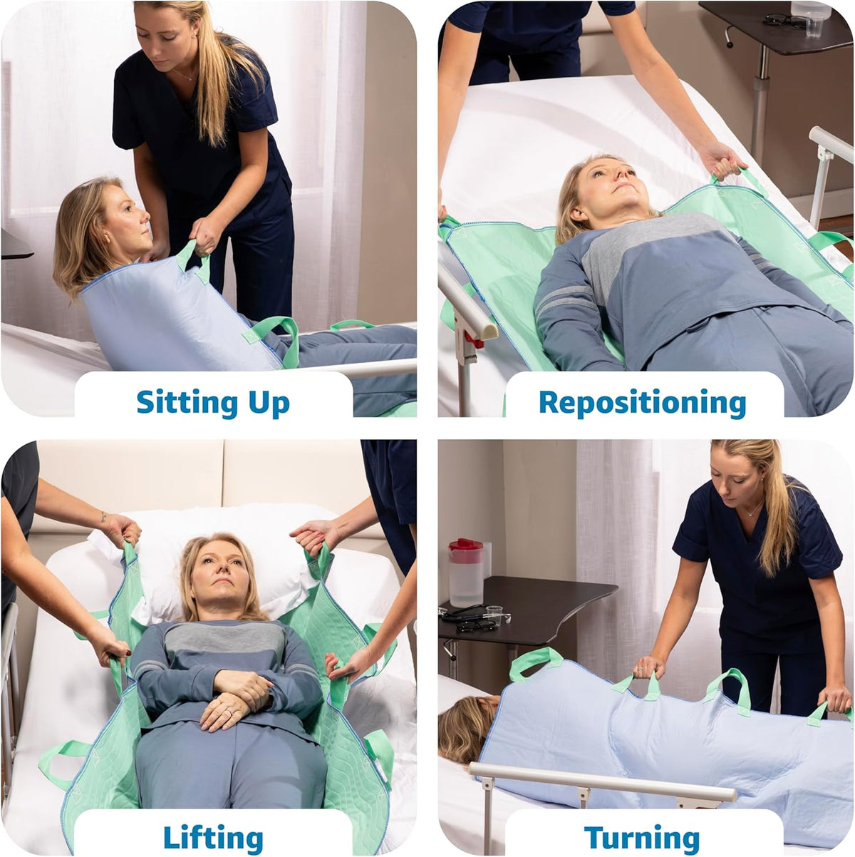 Improvia Positioning Bed Pad, with 8 Reinforced Handles, Quick-Drying, Washable, Waterproof, for Lifting, Turning, Transfering, Elderly and Incontinence Patients (Green, 34" x 52" - Pack of 1)