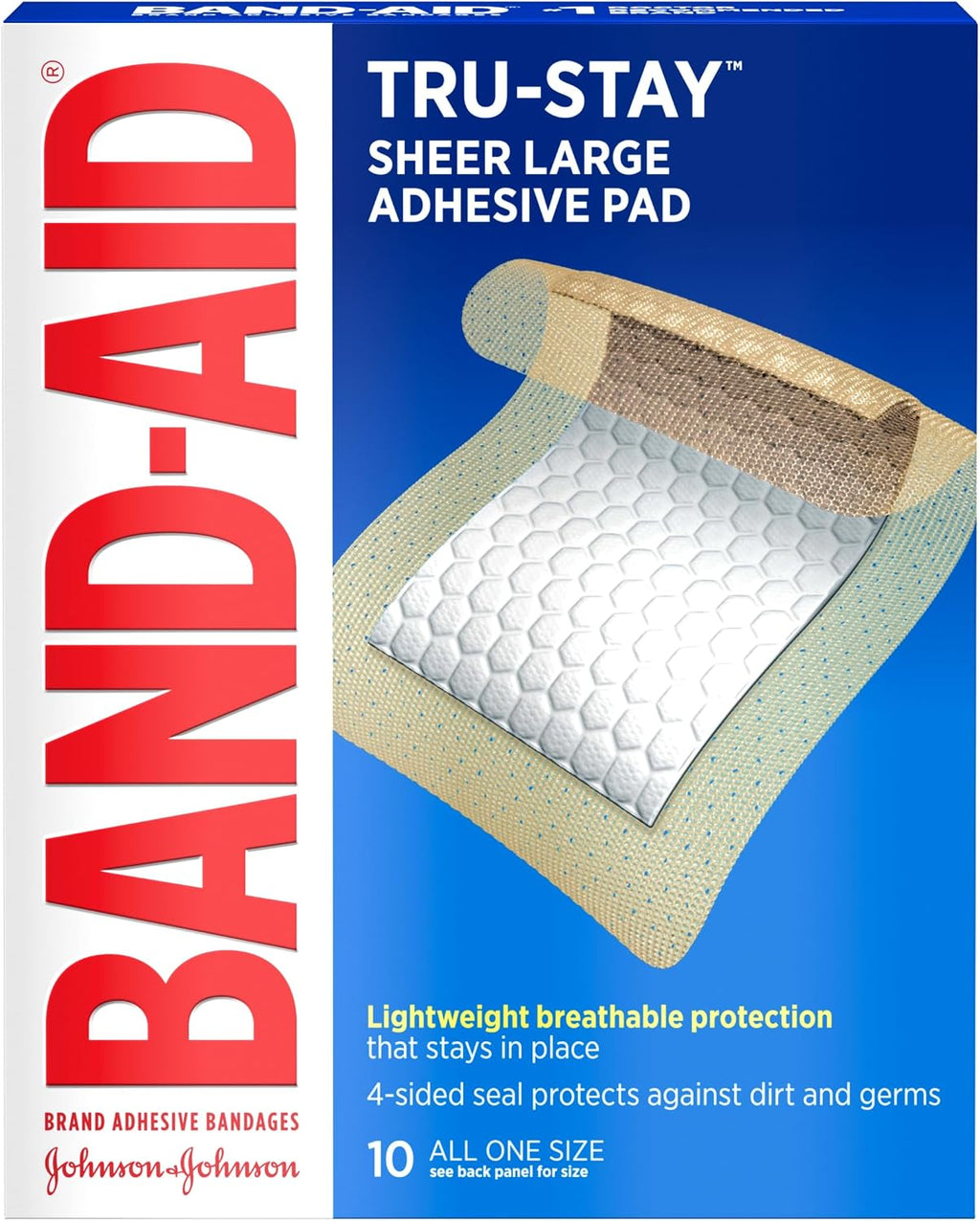 BAND-AID Brand Tru-Stay Sheer Adhesive Pads, Large Size, 10 Count | Lightweight Breathable Protection, Sterile Wound Care for Minor Cuts & Scrapes, First Aid Kit Essential, Dependable Bandages