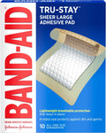 BAND-AID Brand Tru-Stay Sheer Adhesive Pads, Large Size, 10 Count | Lightweight Breathable Protection, Sterile Wound Care for Minor Cuts & Scrapes, First Aid Kit Essential, Dependable Bandages