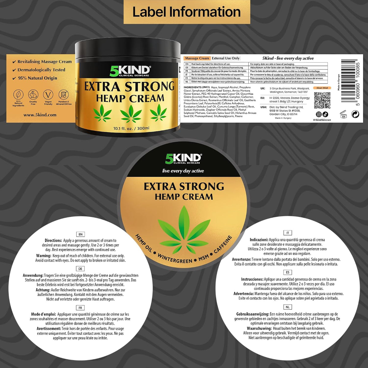 5Kind Extra Strong Hemp Cream 10.1 fl oz - Maximum Strength | Natural Topical Cream - Muscle Rub for Lower Back, Joints, Neck, Knees, Shoulders