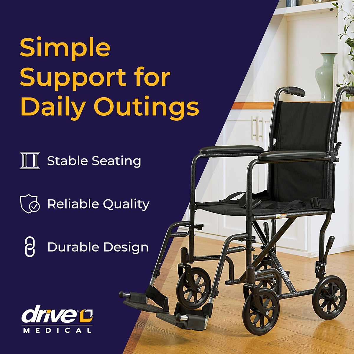 Drive Medical Folding Transport Wheelchair, Swing-Away Footrest, Silver | Lightweight Transport Wheelchair Folds for Easy Storage and Travel with Swing-Away Footrest for Simple Transfers