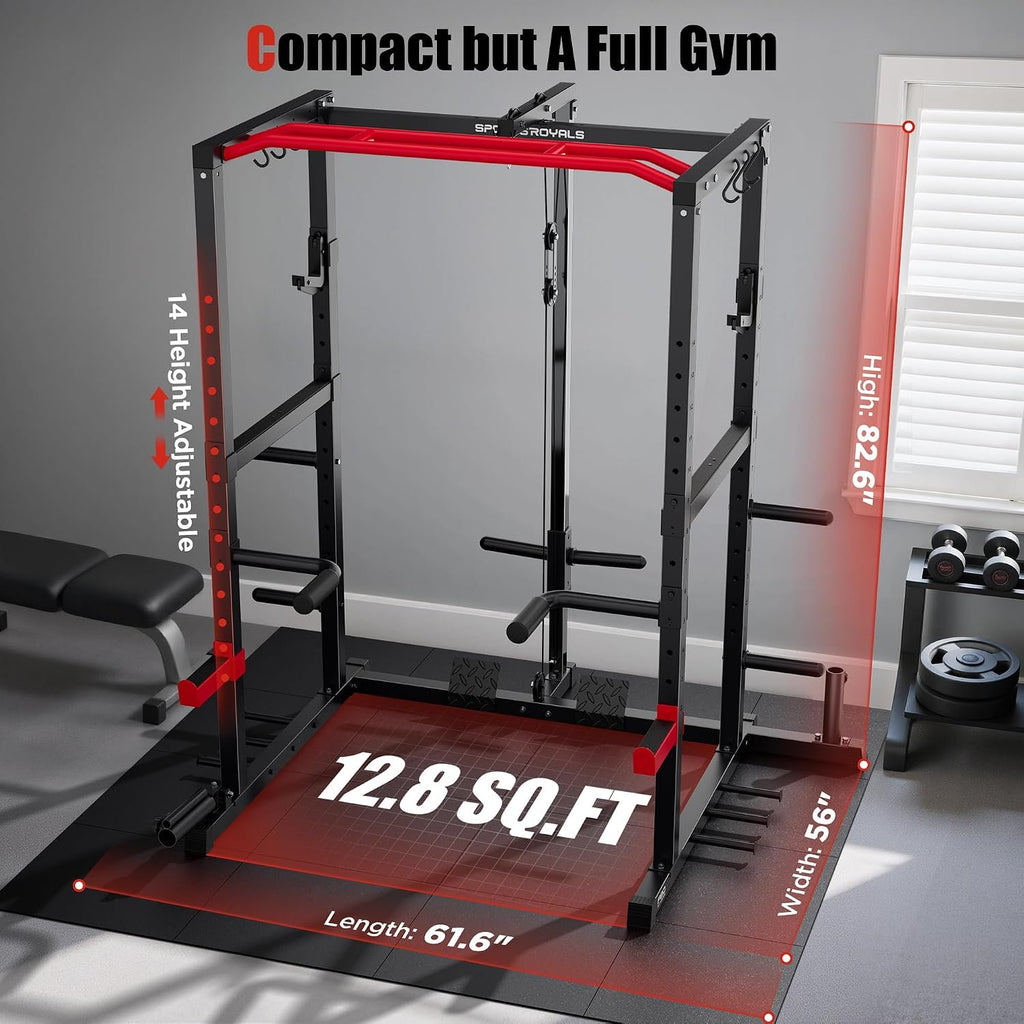 SPORTSROYALS Power Rack, Multi-Functional Power Cage, Squat Rack with Pulley System & LAT Pull Down, Workout Cage with J Hooks for Home Gym