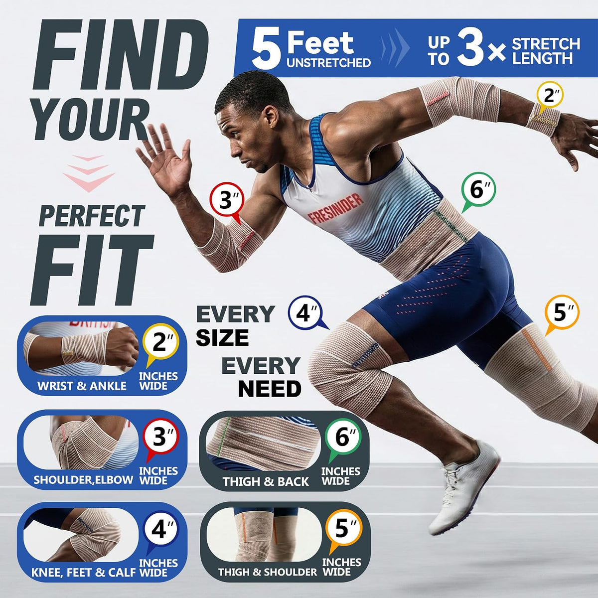 FRESINIDER Premium Elastic Bandage Wrap 5 Inch, 6 Pack, Hook and Loop | Wide 5-Inch Cotton Compression Wrap for Knee, Shoulder and Thigh; Firm Support for Sprains, Swelling and Sports Recovery.