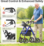 HOMLAND Foldable Rollator Walkers for Seniors with Seat, 17 lb Lightweight | 8" All-Terrain Rubber Wheels, Reinforced Aluminum Frame, Cup Holder, 16'' Enlarged Seat, Height Adjustable, Easy Assembly