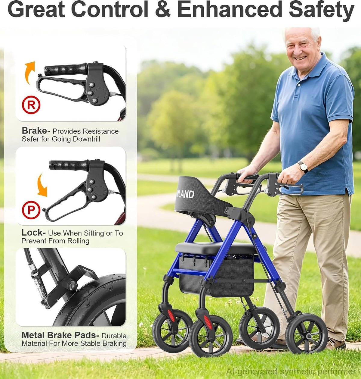 HOMLAND Foldable Rollator Walkers for Seniors with Seat, 17 lb Lightweight | 8" All-Terrain Rubber Wheels, Reinforced Aluminum Frame, Cup Holder, 16'' Enlarged Seat, Height Adjustable, Easy Assembly
