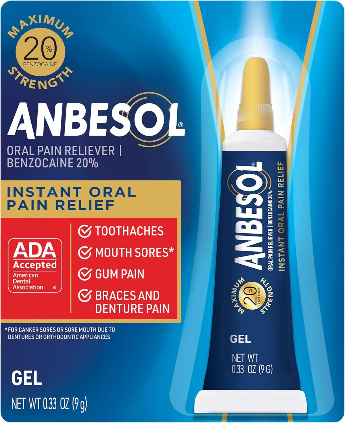 Anbesol Maximum Strength Gel Oral Pain Reliever, 0.33 oz | Instant oral pain relief from toothaches, gum pain and braces pain, canker sore treatment, 20% benzocaine, ADA accepted