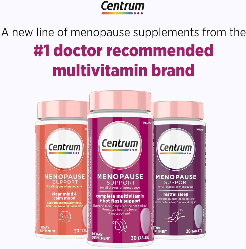 Centrum Complete Multivitamin Supplement, 30 Count | Hot Flash Support Menopause Support Tablets, with Clinically Studied geniVida, Gluten Free, Non-GMO Ingredients