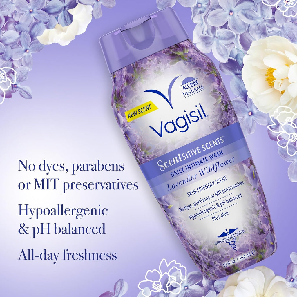 Vagisil Feminine Wash for Intimate Area Hygiene, Scentsitive Scents, pH Balanced and Gynecologist Tested, Spring Lilac, 12 oz (Pack of 3)