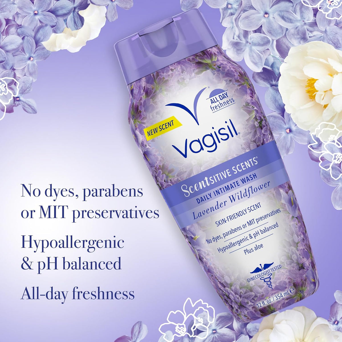 Vagisil Feminine Wash for Intimate Area Hygiene, Scentsitive Scents, pH Balanced and Gynecologist Tested, Spring Lilac, 12 oz (Pack of 3)