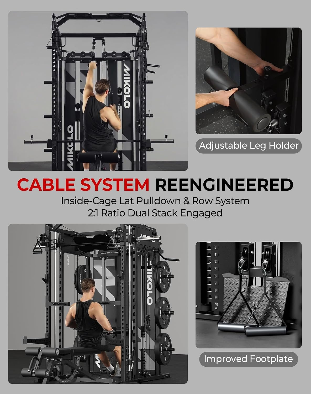 Mikolo Smith Machine with Weight Stack, Power Cage Home Gym System with LAT Pulldown & Cable Crossover, Multi-Functional Trainer with Dual Pulley System, Includes 10+ Free Attachments