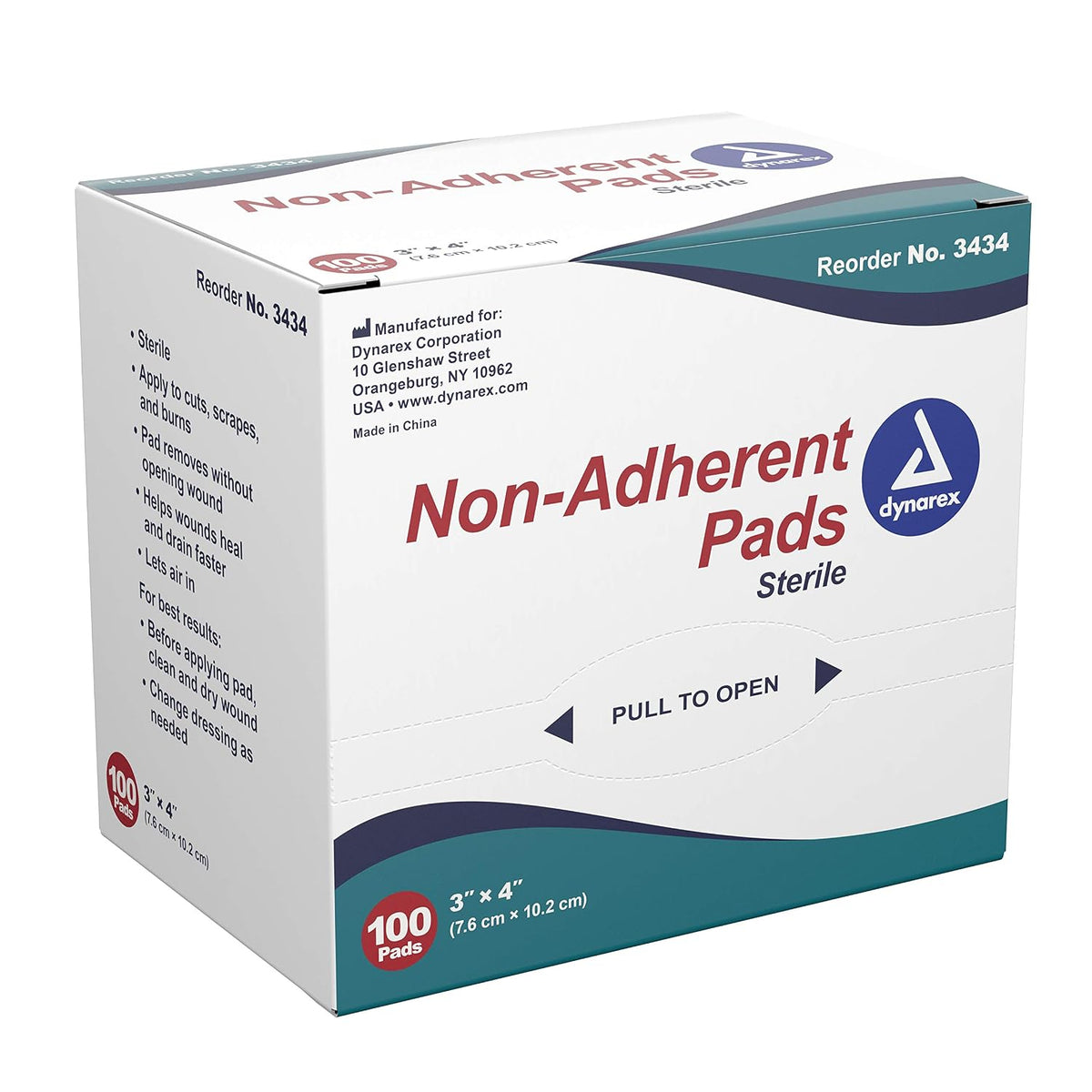 Dynarex Non-Adherent Pads-Sterile, Individually Packaged, Non-Stick Wound and Burn Care, Soft & Highly Absorbent, 3” x 4”, 1 Box of 100 Non-Adherent Pads-Sterile