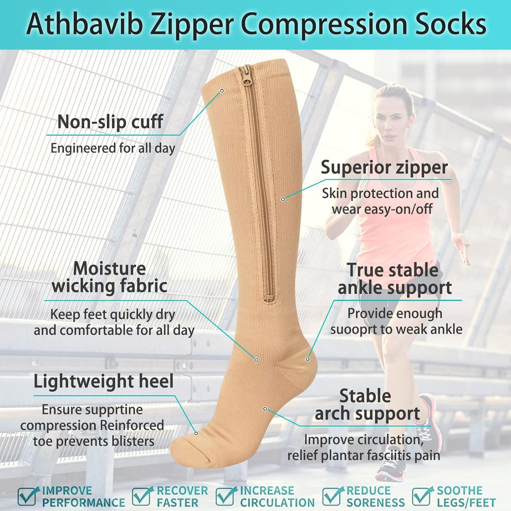 Athbavib 2 Pairs Zipper Compression Socks, 15-20 mmHg Closed Toe Compression Stocking with Zipper for Women and Men