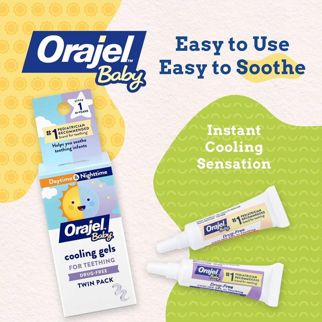 Orajel Baby Daytime & Nighttime Cooling Gels for Teething, Drug - Free, #1 Pediatrician Recommended Brand for Teething*, Two 0.18oz Tubes | Drug-Free, Soothes Teething Infants, Safe for Babies Age 0+, #1 Pediatrician Recommended Brand for Teething